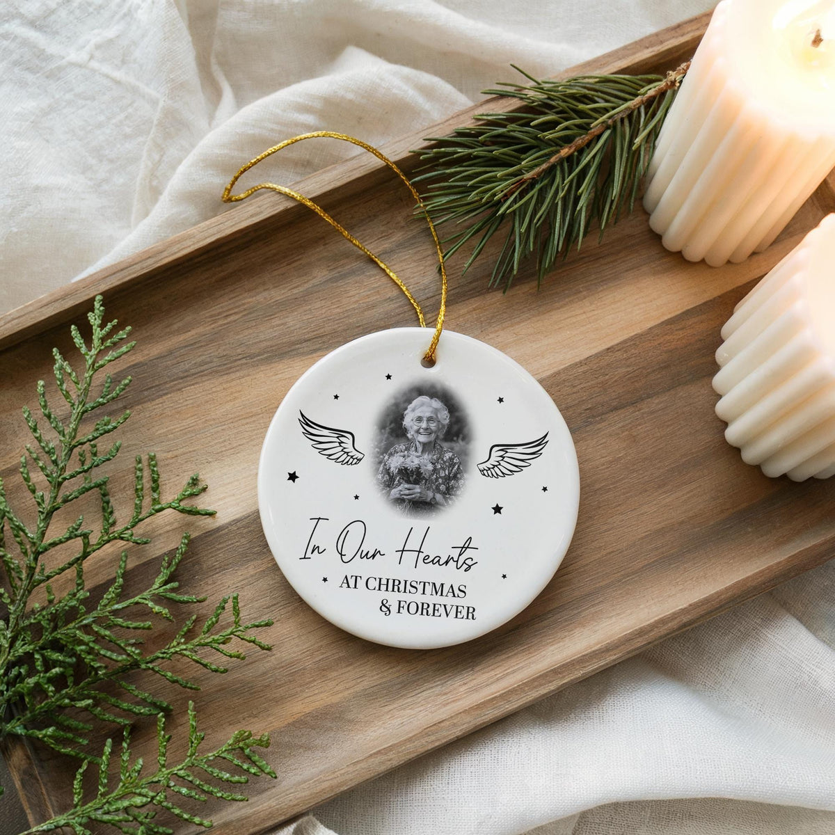 Custom Memorial Photo Ornament, Angel Wings, Ceramic Keepsake