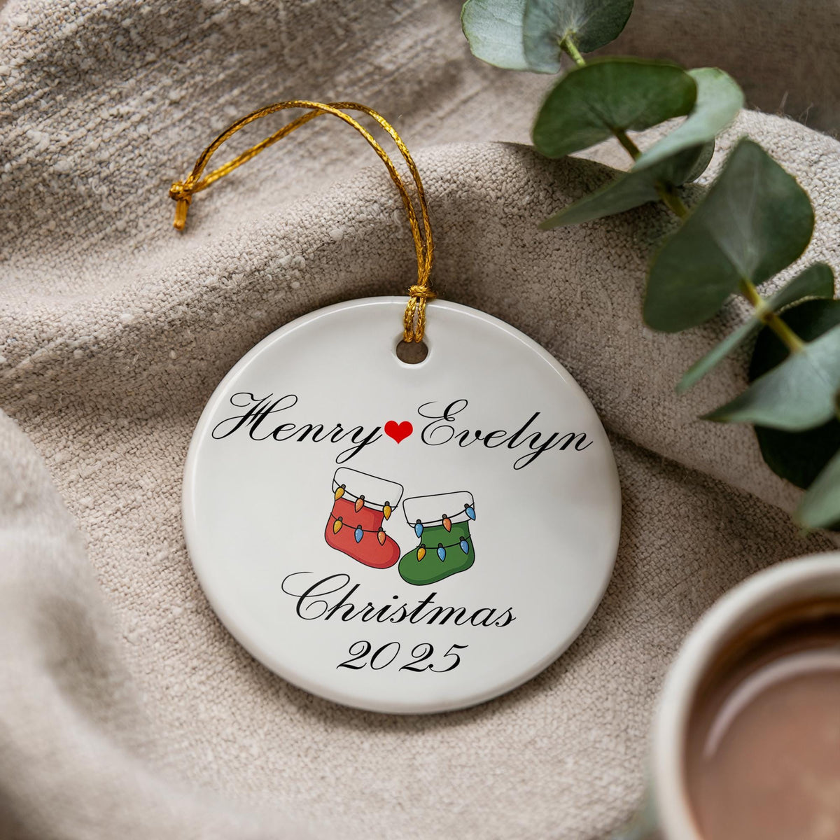 Personalized Ceramic Couple Christmas Ornament, Newlywed Keepsake