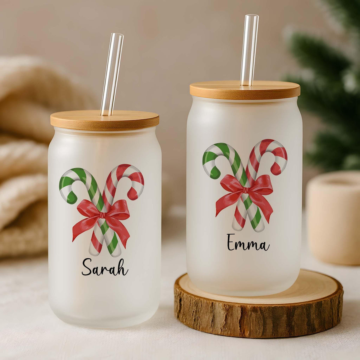 Custom Name Candy Cane Design Can Glass Tumbler, Christmas Party Iced Coffee Cup