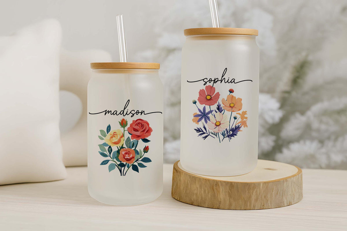 Personalized Colorful Birth Flower Cup, Water Color Floral Design Can Glass Tumbler