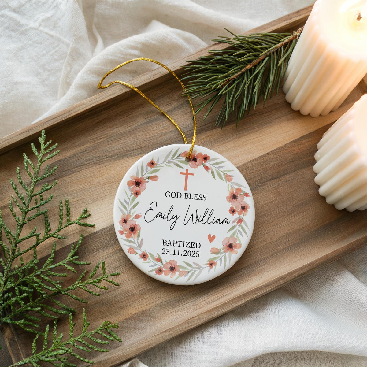 Personalized Baby Baptism Ornament, God Bless Ceramic Keepsake