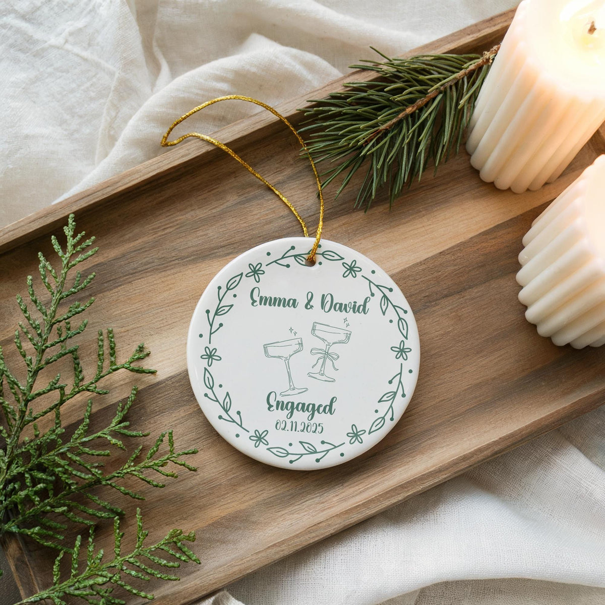 Personalized Engagement Christmas Ornament, Ceramic Couple Names Keepsake