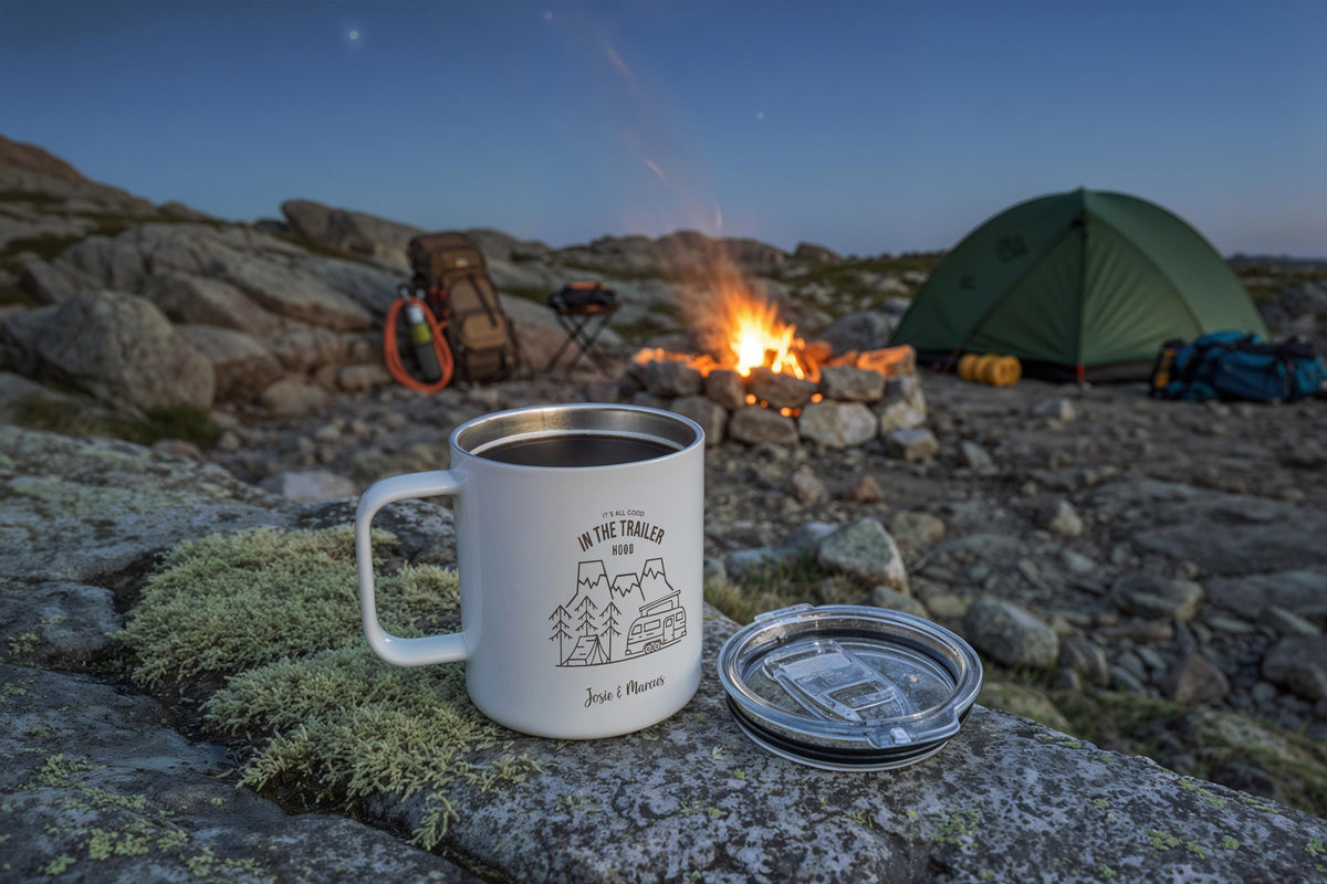 Personalized Camper Mug, Custom Couple Name Camping Gift, RV Life & Mountain Design Cup