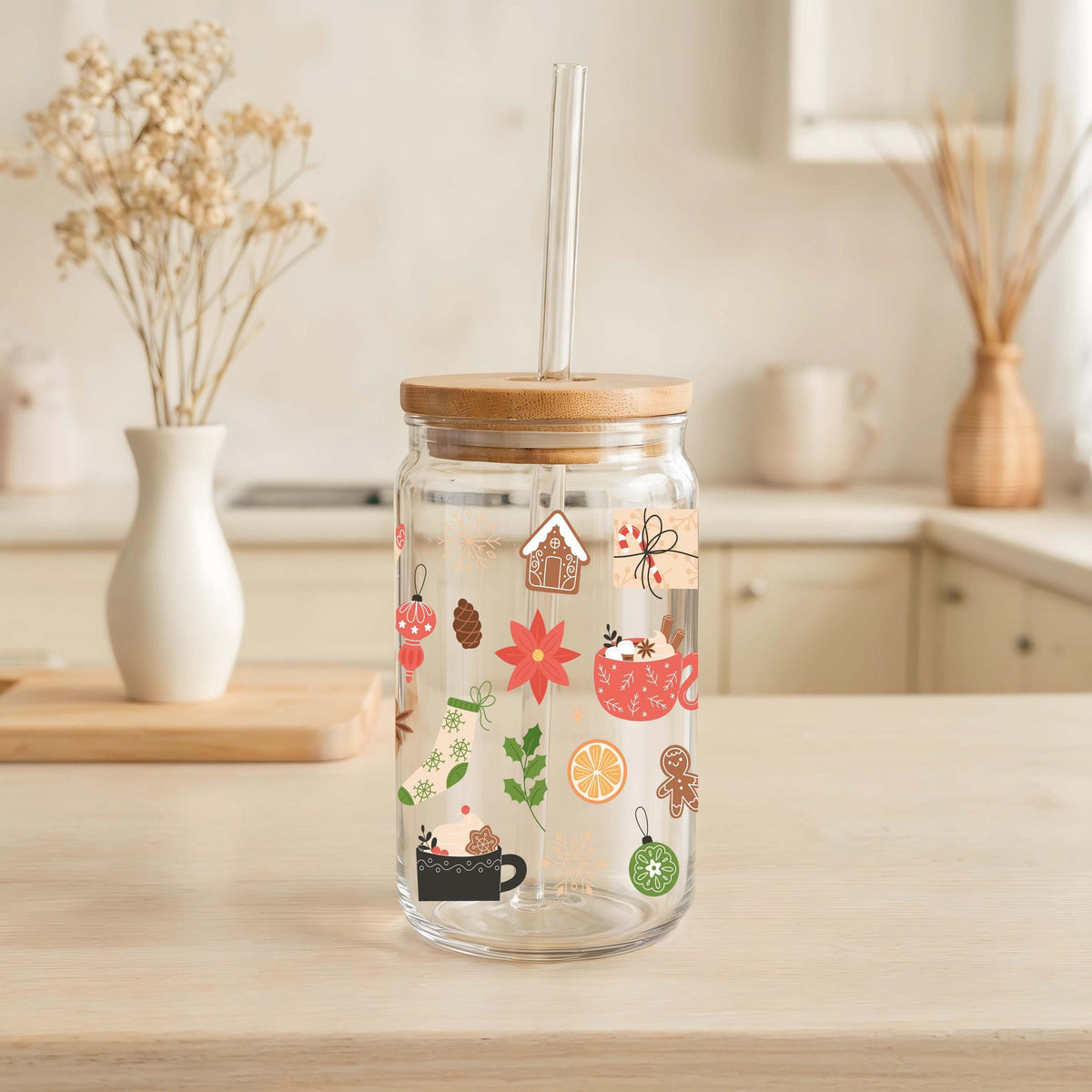 Custom Name Holiday Iced Coffee Cup, Design Optional Christmas Glass Tumbler