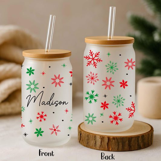 Personalized Red & Green Snowflakes Pattern Can Glass Tumbler, Merry And Bright Iced Coffee Cup