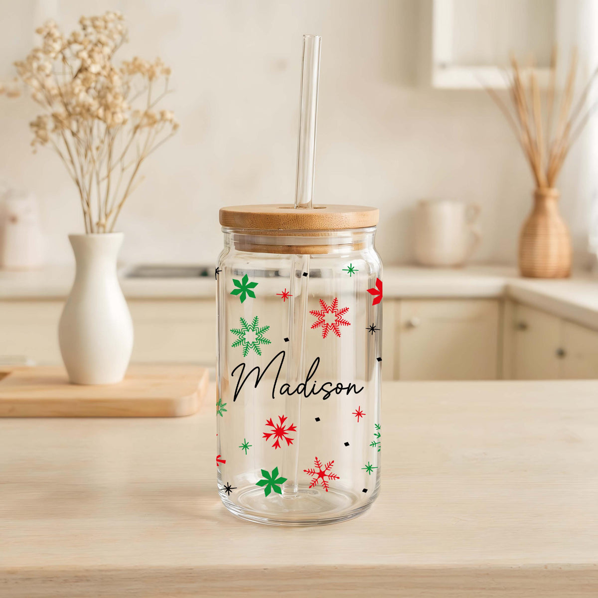 Personalized Red & Green Snowflakes Pattern Can Glass Tumbler, Merry And Bright Iced Coffee Cup