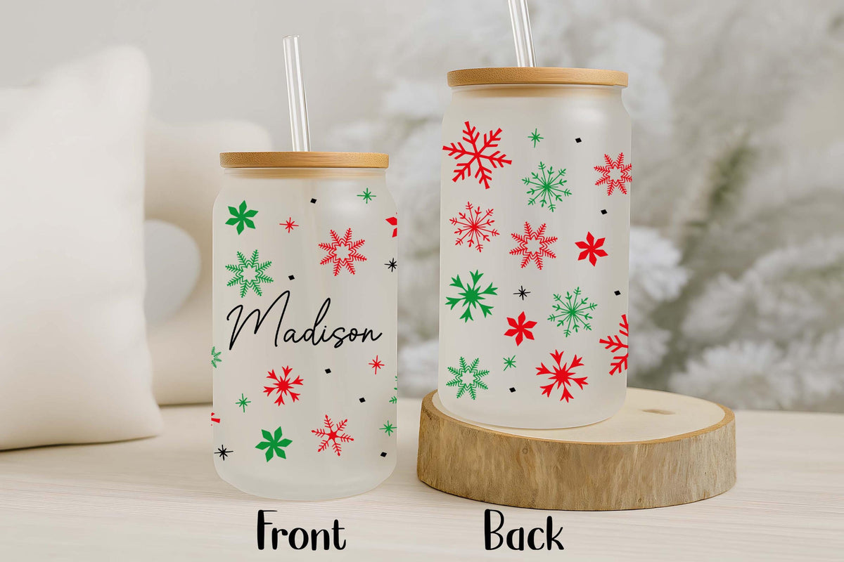 Personalized Red & Green Snowflakes Pattern Can Glass Tumbler, Merry And Bright Iced Coffee Cup