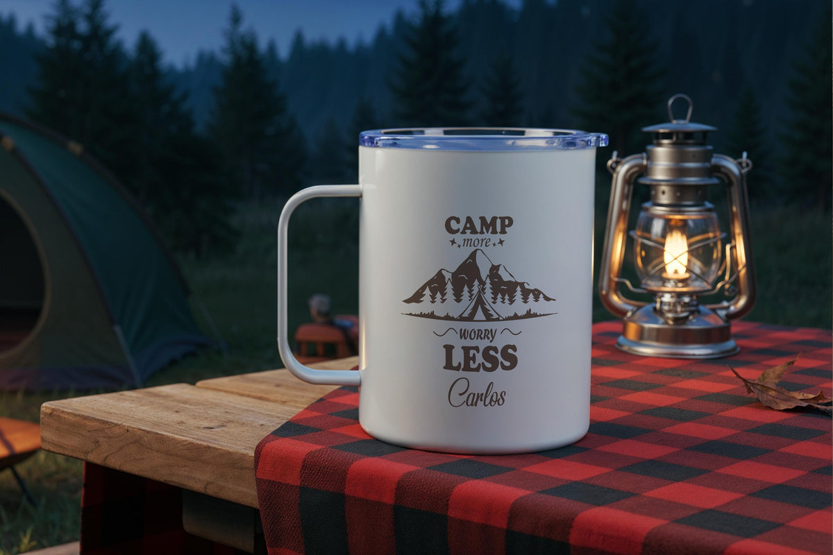 Personalized Camp More Worry Less Mug, Custom Name Camping Mugs, Happy Camper Campfire Cup