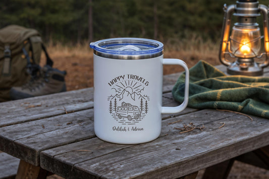 Custom Couple Camping Mug, Happy Travels Camper Mugs, Van Life Lovers Gift