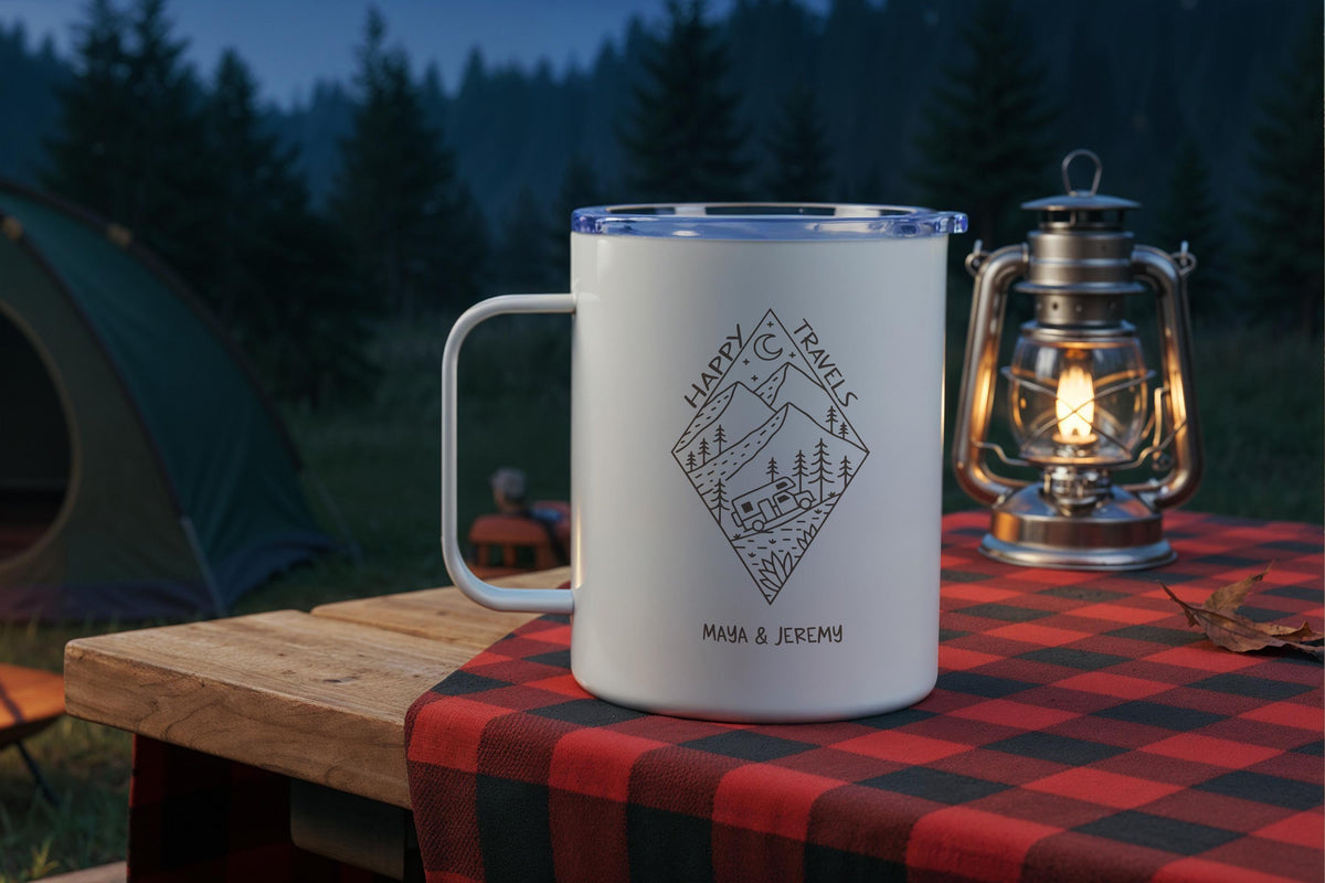 Custom Couple Camping Mug, Happy Travels Camper Mugs, Van Life Lovers Gift