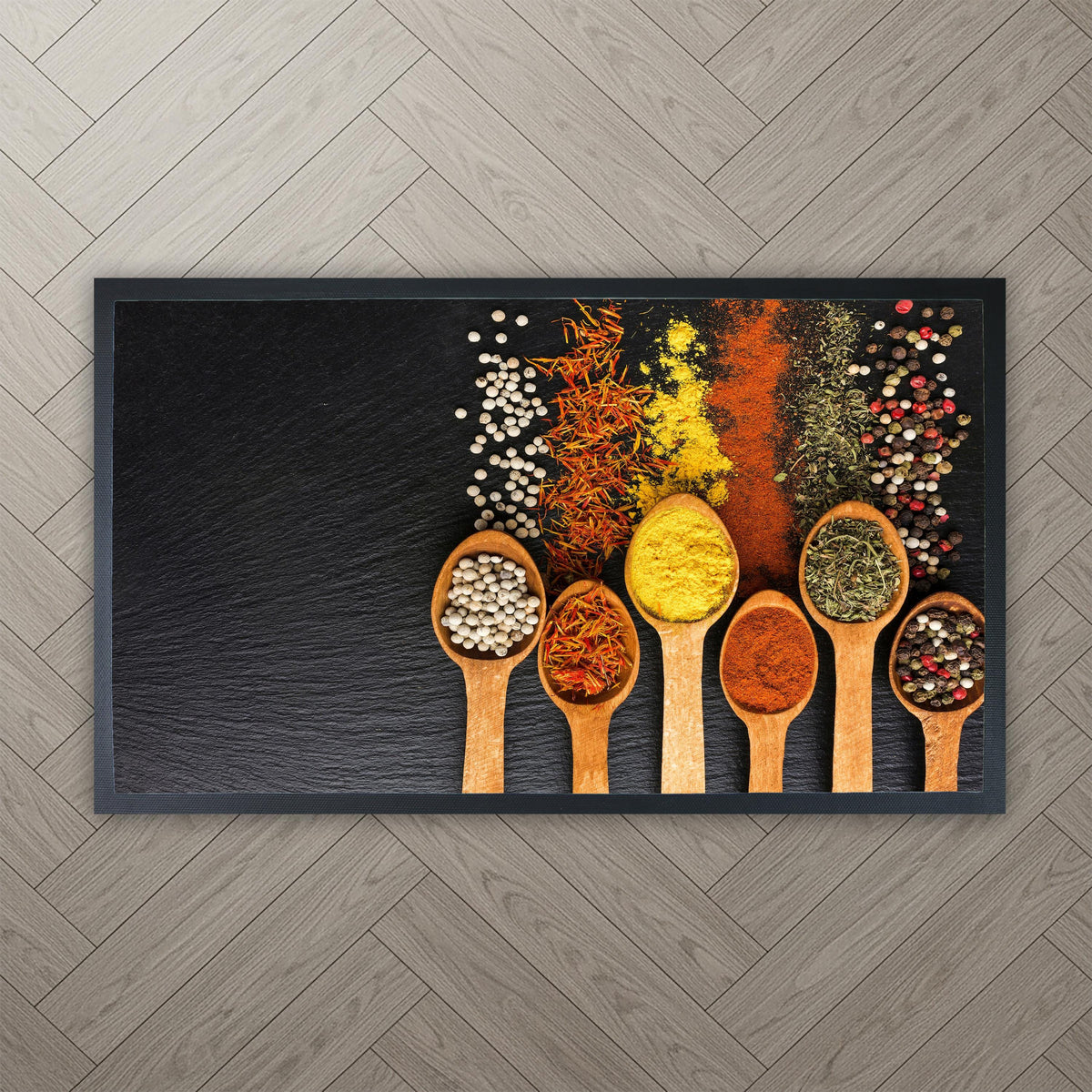 Spices Kitchen Mat, Rustic Wood Cooking Rug, Non-Slip Washable Indoor Decor