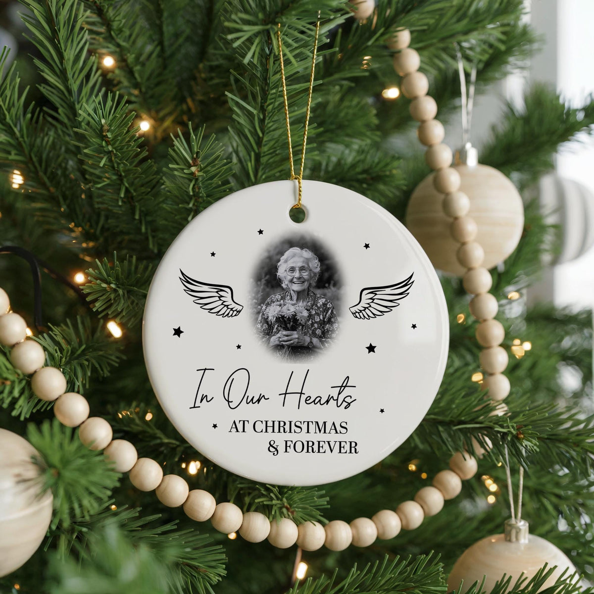 Custom Memorial Photo Ornament, Angel Wings, Ceramic Keepsake