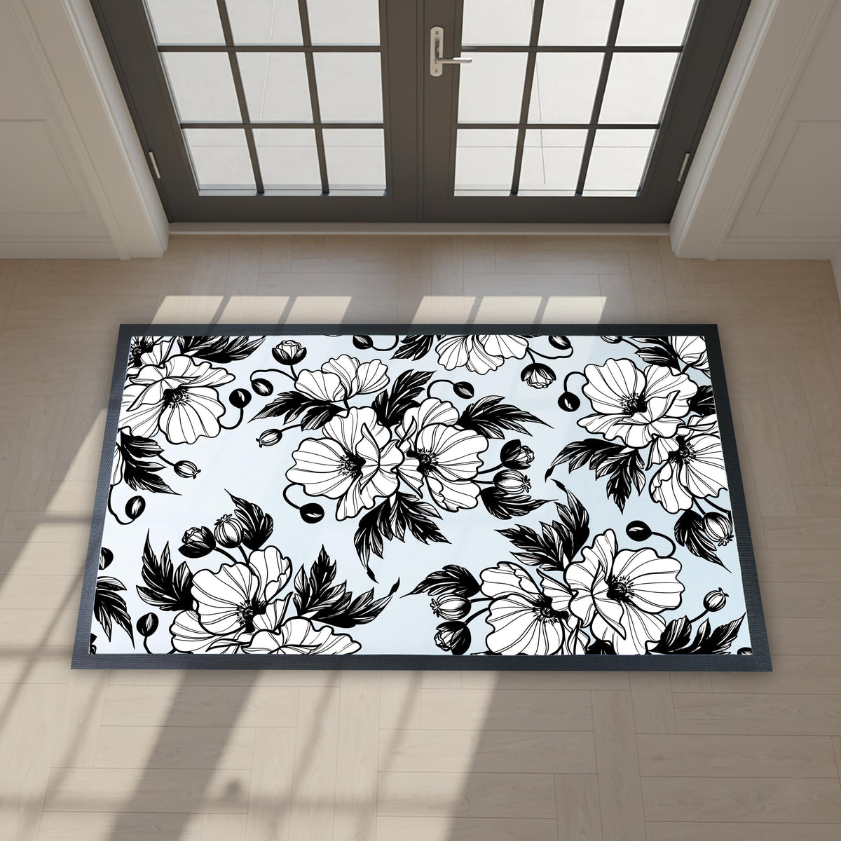 Elegant Floral Doormat, Indoor Black and White Flower Door mat, Flowers Entryway Mat