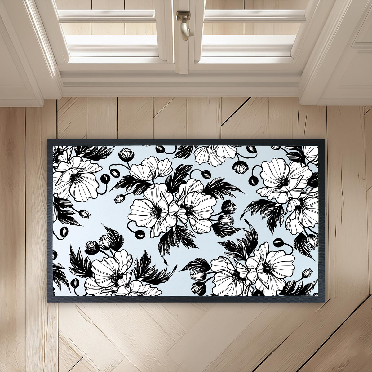 Elegant Floral Doormat, Indoor Black and White Flower Door mat, Flowers Entryway Mat