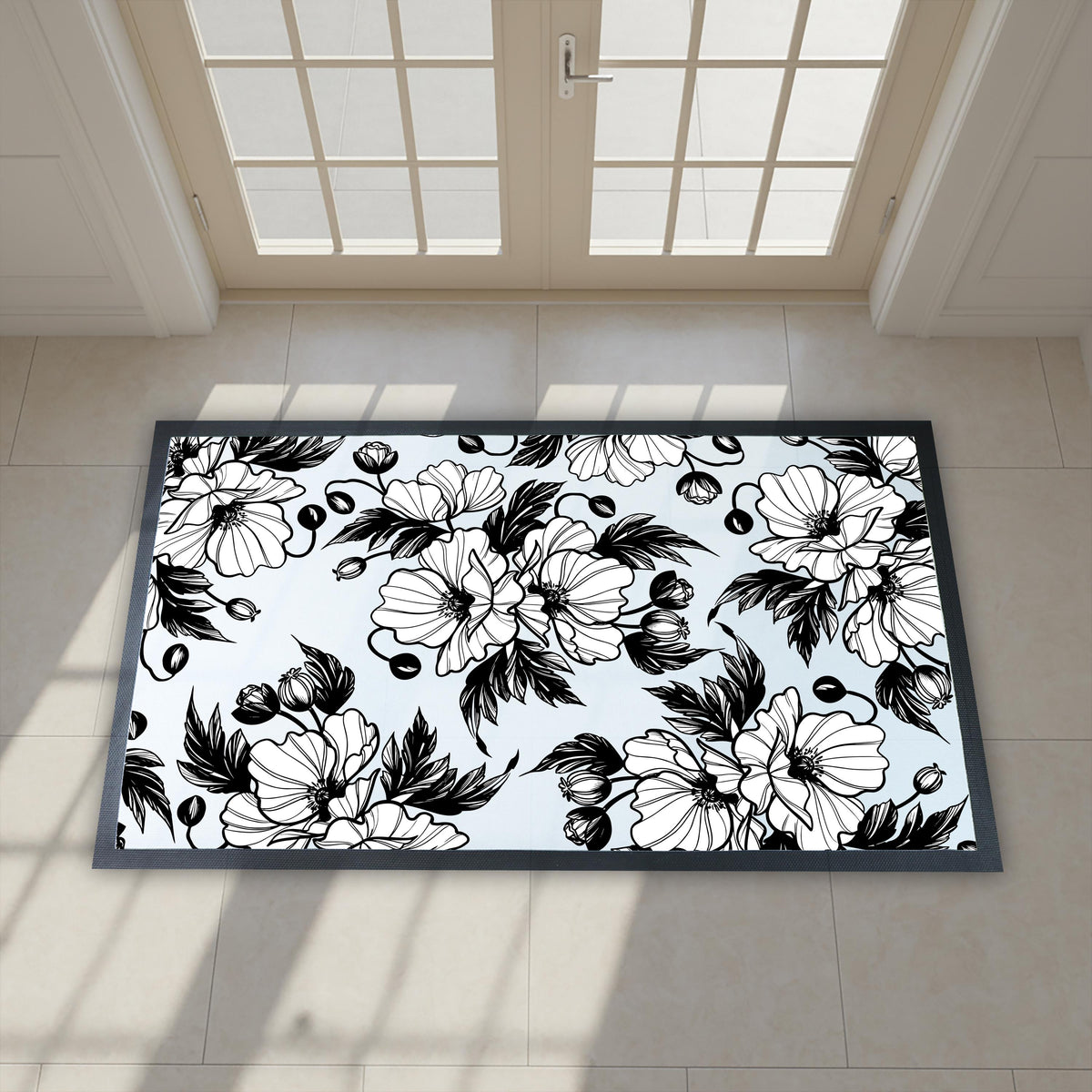 Elegant Floral Doormat, Indoor Black and White Flower Door mat, Flowers Entryway Mat