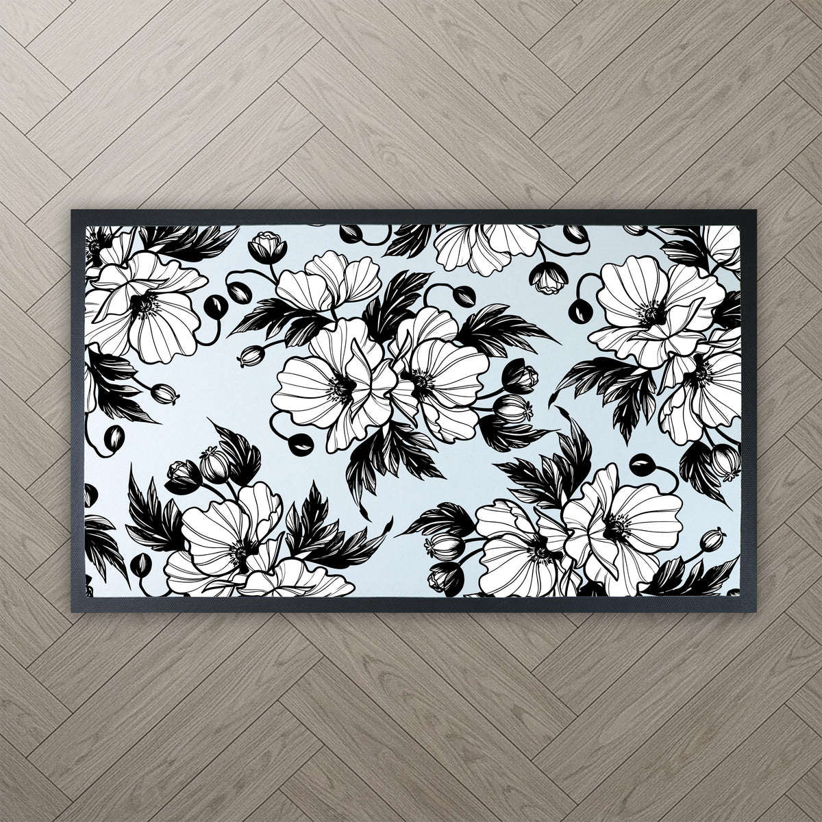 Elegant Floral Doormat, Indoor Black and White Flower Door mat, Flowers Entryway Mat