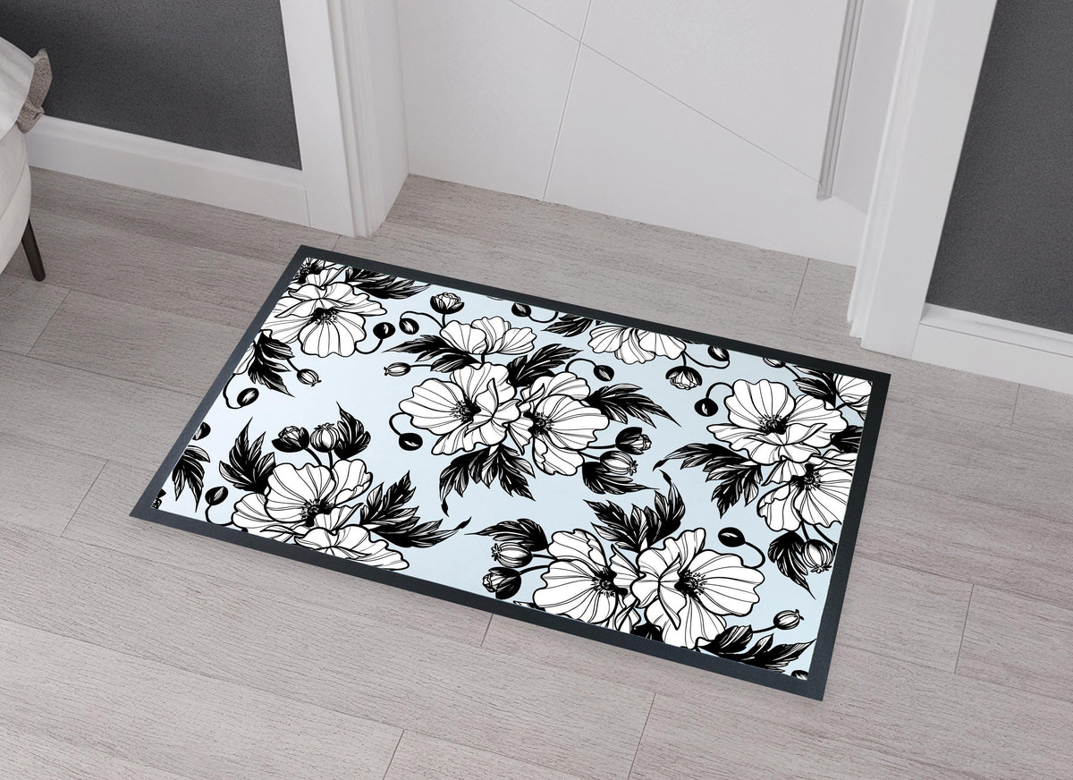 Elegant Floral Doormat, Indoor Black and White Flower Door mat, Flowers Entryway Mat