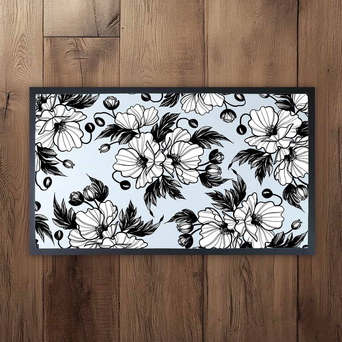 Elegant Floral Doormat, Indoor Black and White Flower Door mat, Flowers Entryway Mat