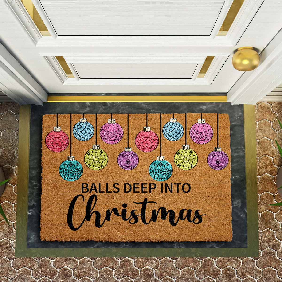 Balls Deep Into Christmas Doormat, Humorous Holiday Welcome Mat