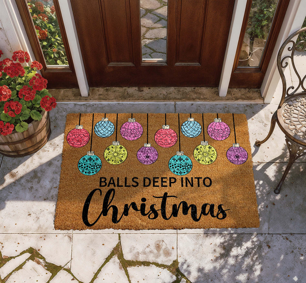 Balls Deep Into Christmas Doormat, Humorous Holiday Welcome Mat
