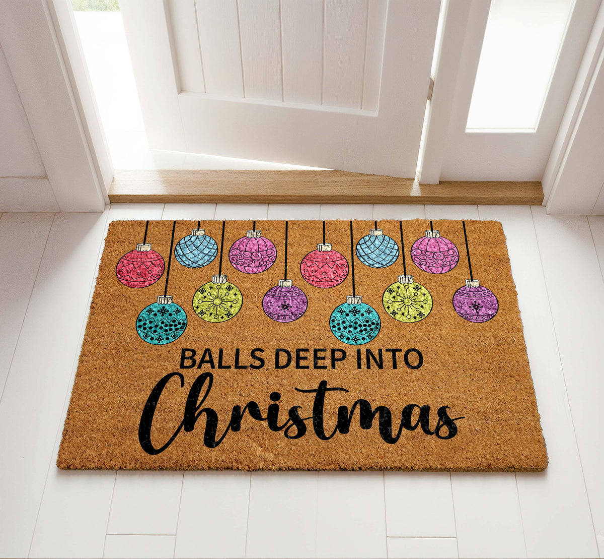 Balls Deep Into Christmas Doormat, Humorous Holiday Welcome Mat