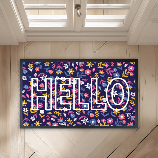 Hello Floral Doormat, Colorful Welcome Mat, Vibrant Flower Entry Mat