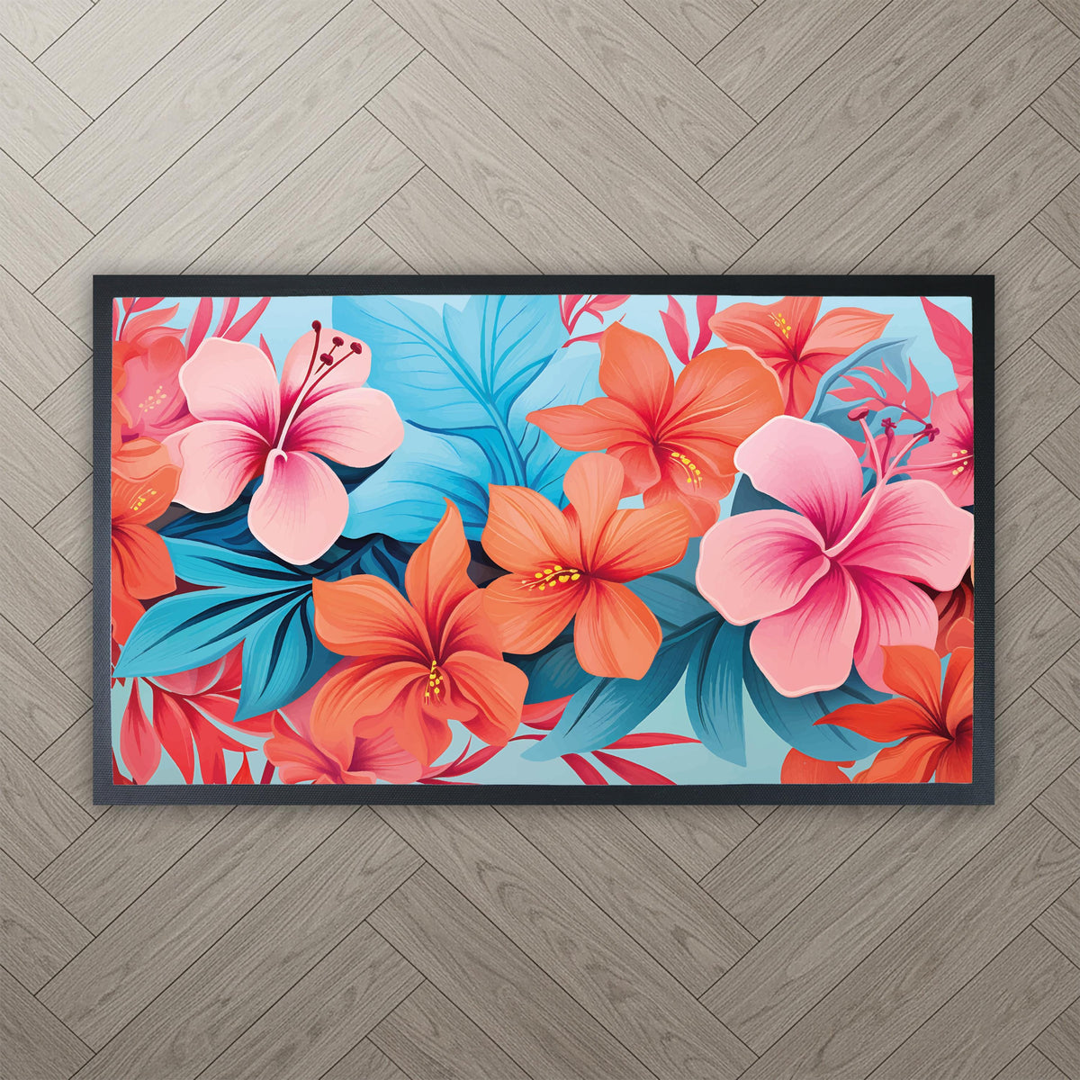Vibrant Floral Bathroom Mat, Tropical Flowers Bath Rug, Colorful Hibiscus Mat