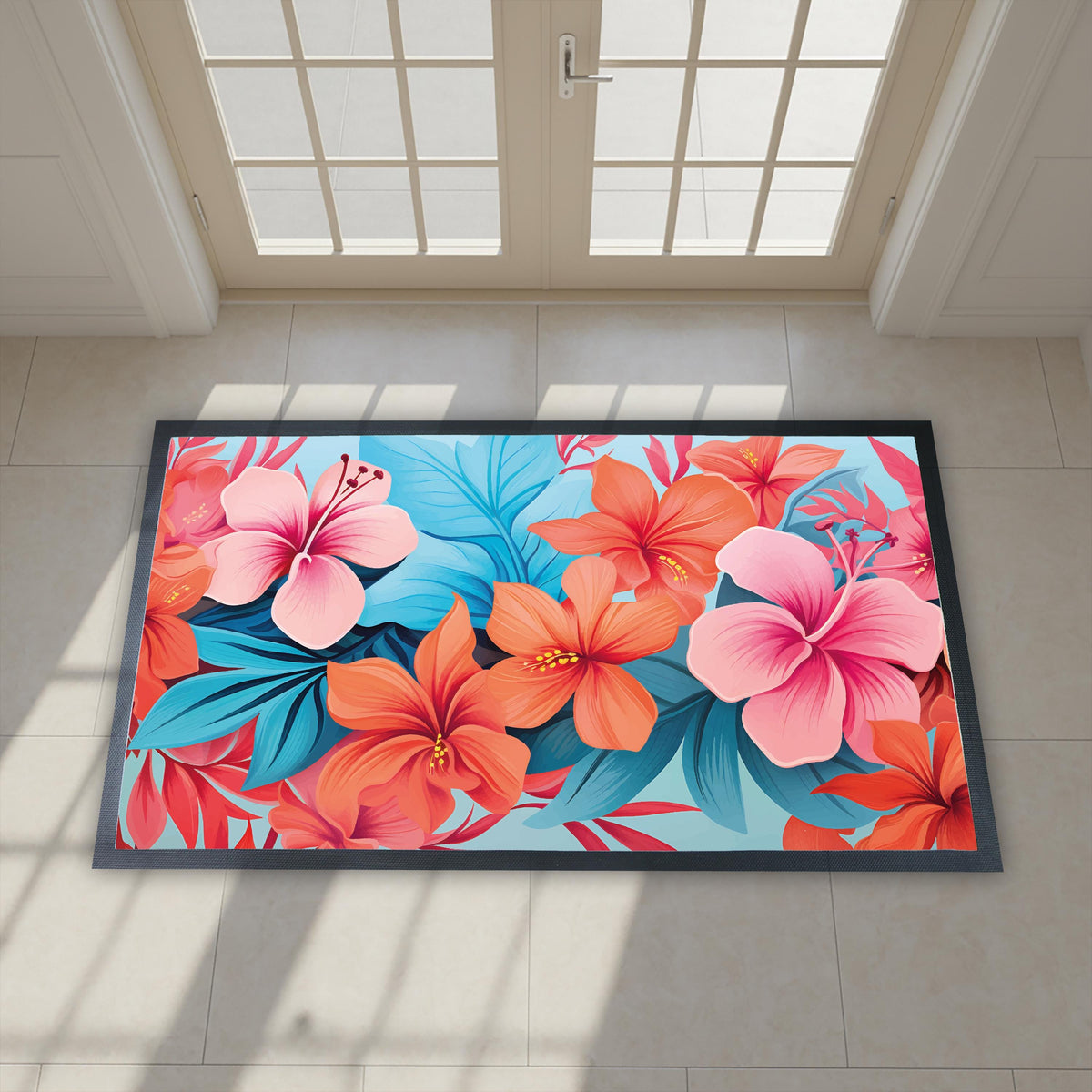Vibrant Floral Bathroom Mat, Tropical Flowers Bath Rug, Colorful Hibiscus Mat