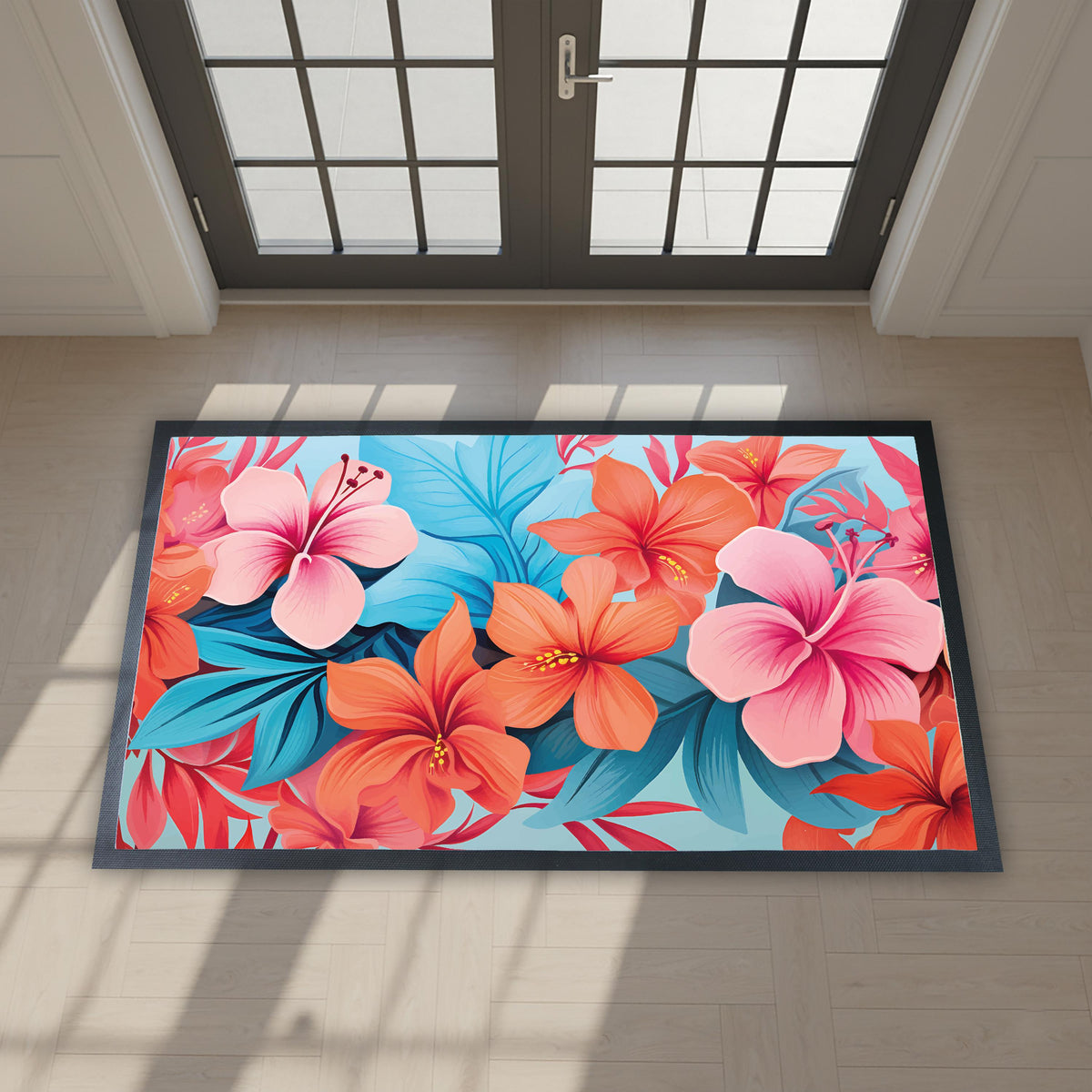Vibrant Floral Bathroom Mat, Tropical Flowers Bath Rug, Colorful Hibiscus Mat