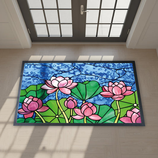 Stained Glass Lotus Doormat, Vibrant Flower Bath Mat, Floral Bath Rug, Colorful Bath Decor
