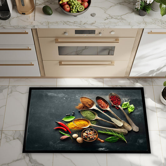 Spice Illustration Kitchen Mat, Colorful Herb Rug, Non-Slip Washable Cooking Area Mat