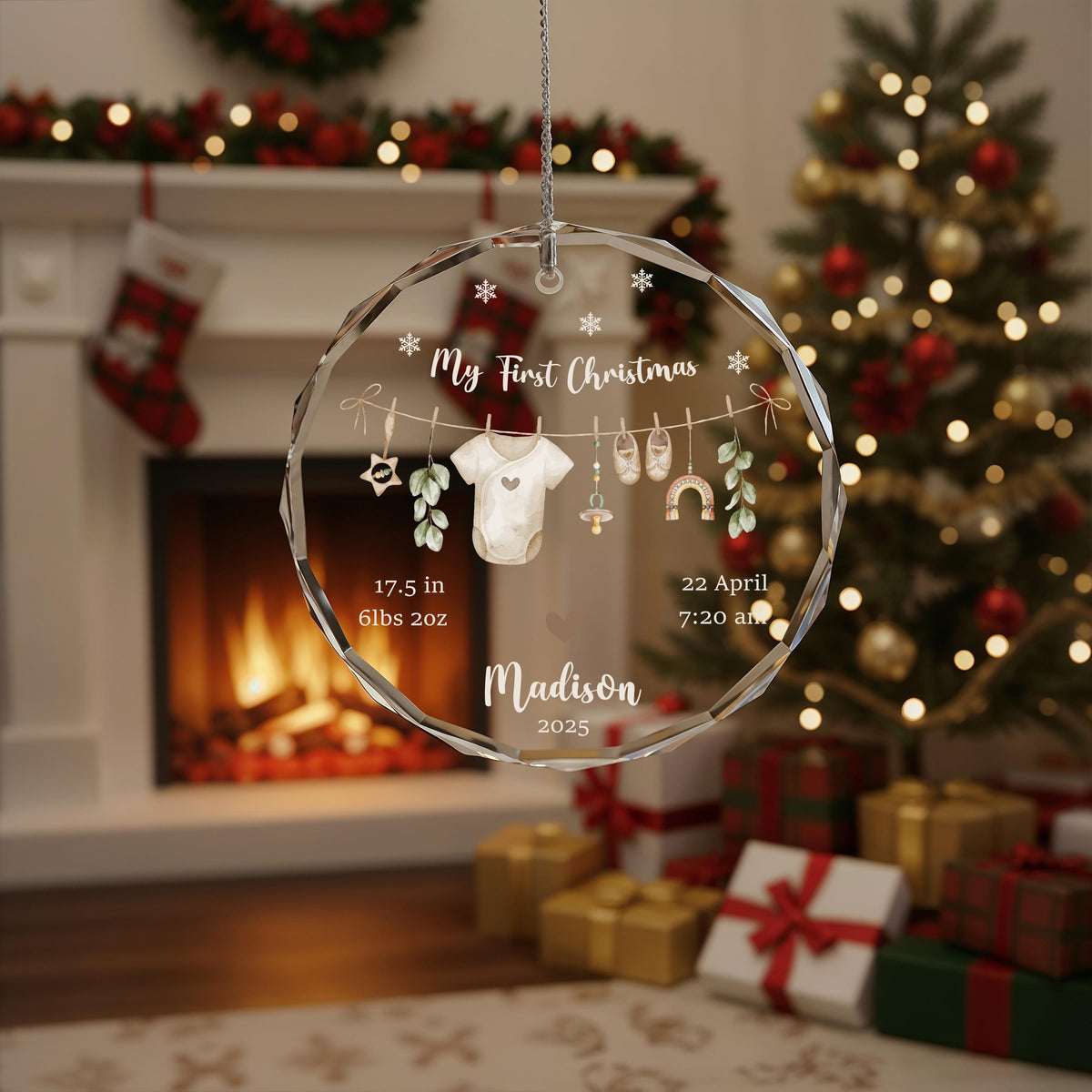 Baby's First Christmas Crystal Glass Ornament, Custom Birth Stats Keepsake