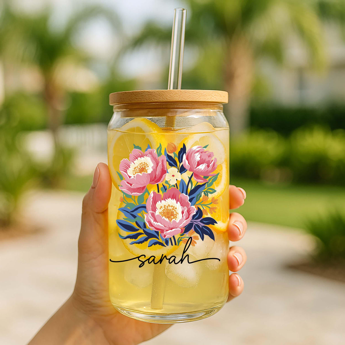 Custom Birth Floral Can Glass Tumbler, Cute Flower Birthday Present