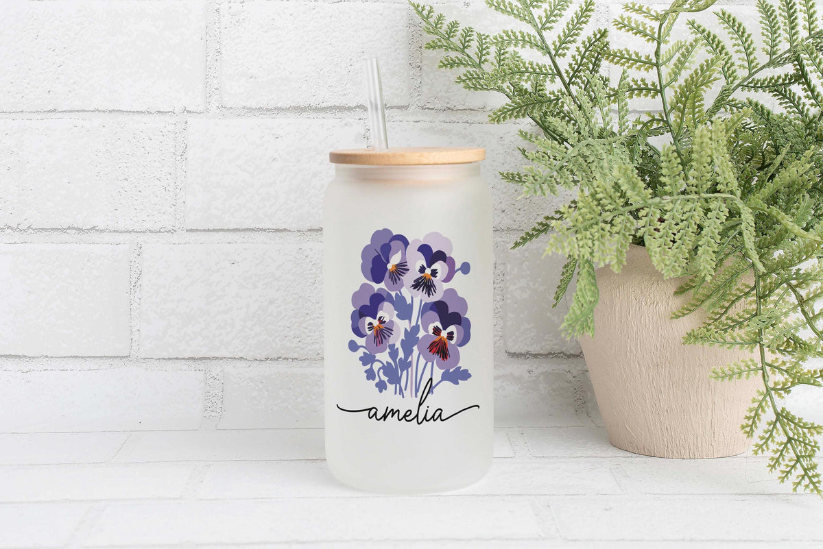 Custom Birth Floral Can Glass Tumbler, Cute Flower Birthday Present