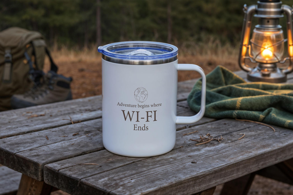 Camping Mug, Campfire Adventure Cup, Glamping Travel Mugs, Nature Lover Gift