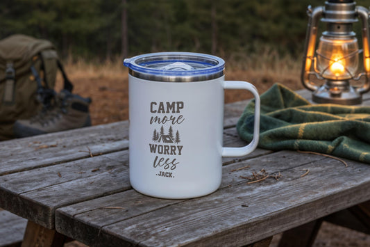 Custom Camp More Worry Less Mug, Personalized Name Camping Mugs, Happy Camper Campfire Cup