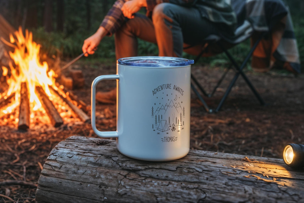 Custom Camp More Worry Less Mug, Personalized Name Camping Mugs, Happy Camper Campfire Cup