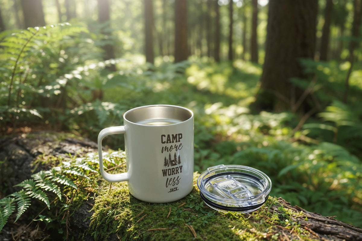 Custom Camp More Worry Less Mug, Personalized Name Camping Mugs, Happy Camper Campfire Cup
