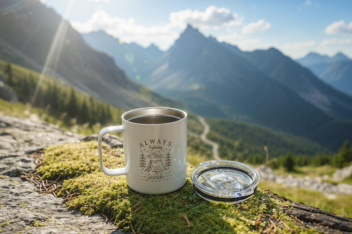 Custom Name Camp Mug, Personalized Camping Mugs, Happy Camper Campfire Cup