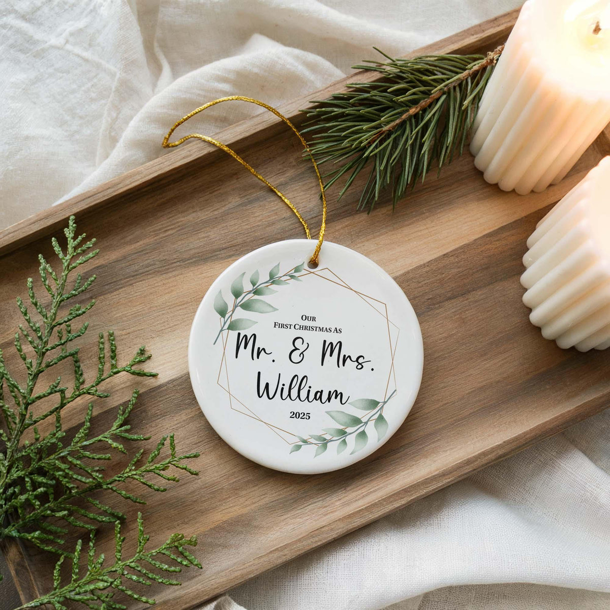 Personalized Newlywed Christmas Ornament, Mr & Mrs Ceramic Ornament