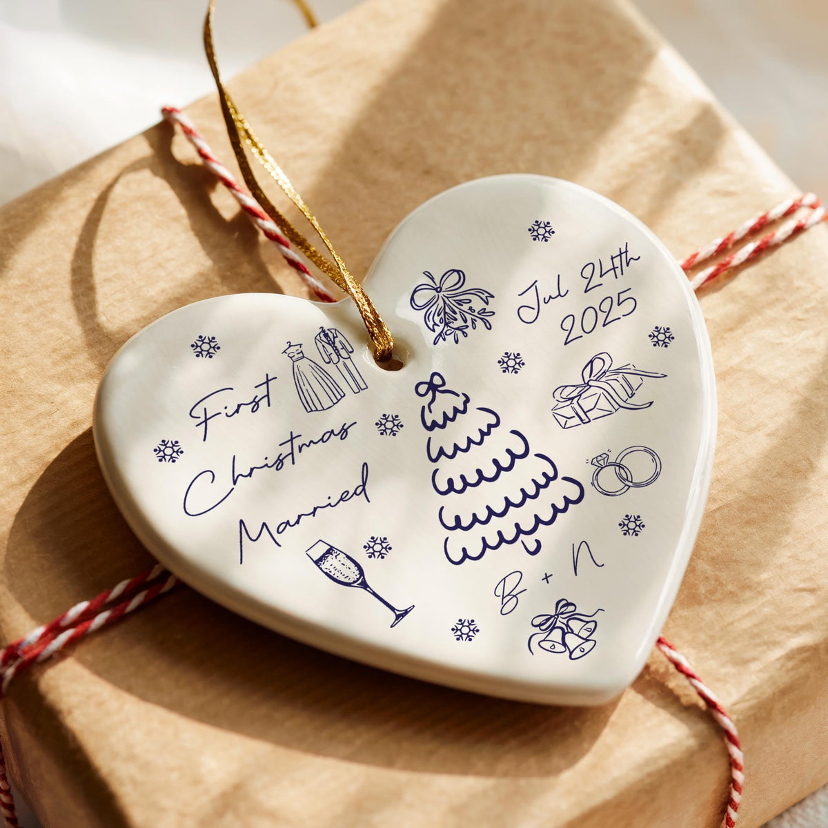 Personalized First Christmas Married Ceramic Ornament, Wedding Keepsake