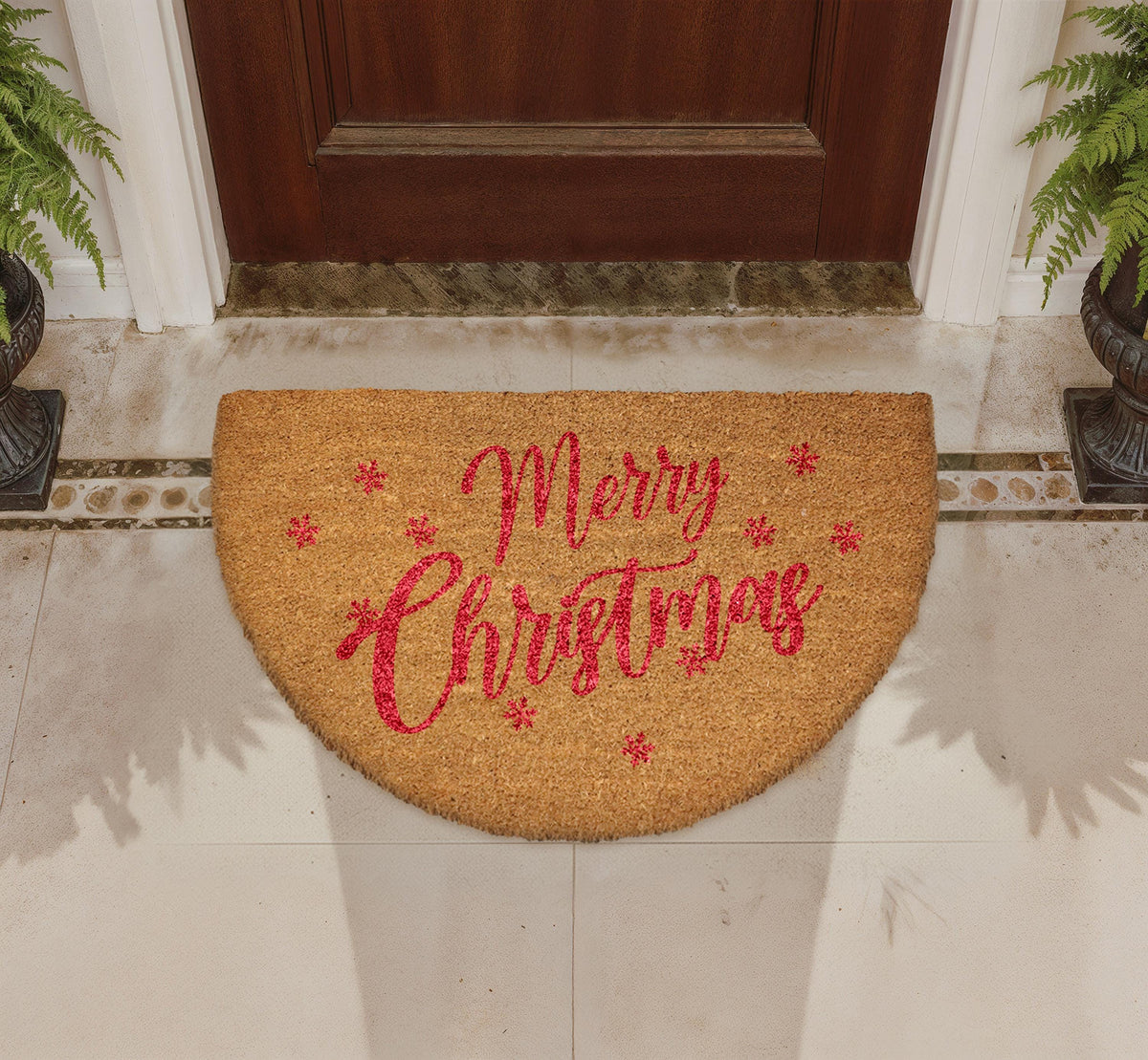Merry Christmas Doormat, Natural Coir Festive Welcome Mat, Semi Circle Xmas Porch Decor