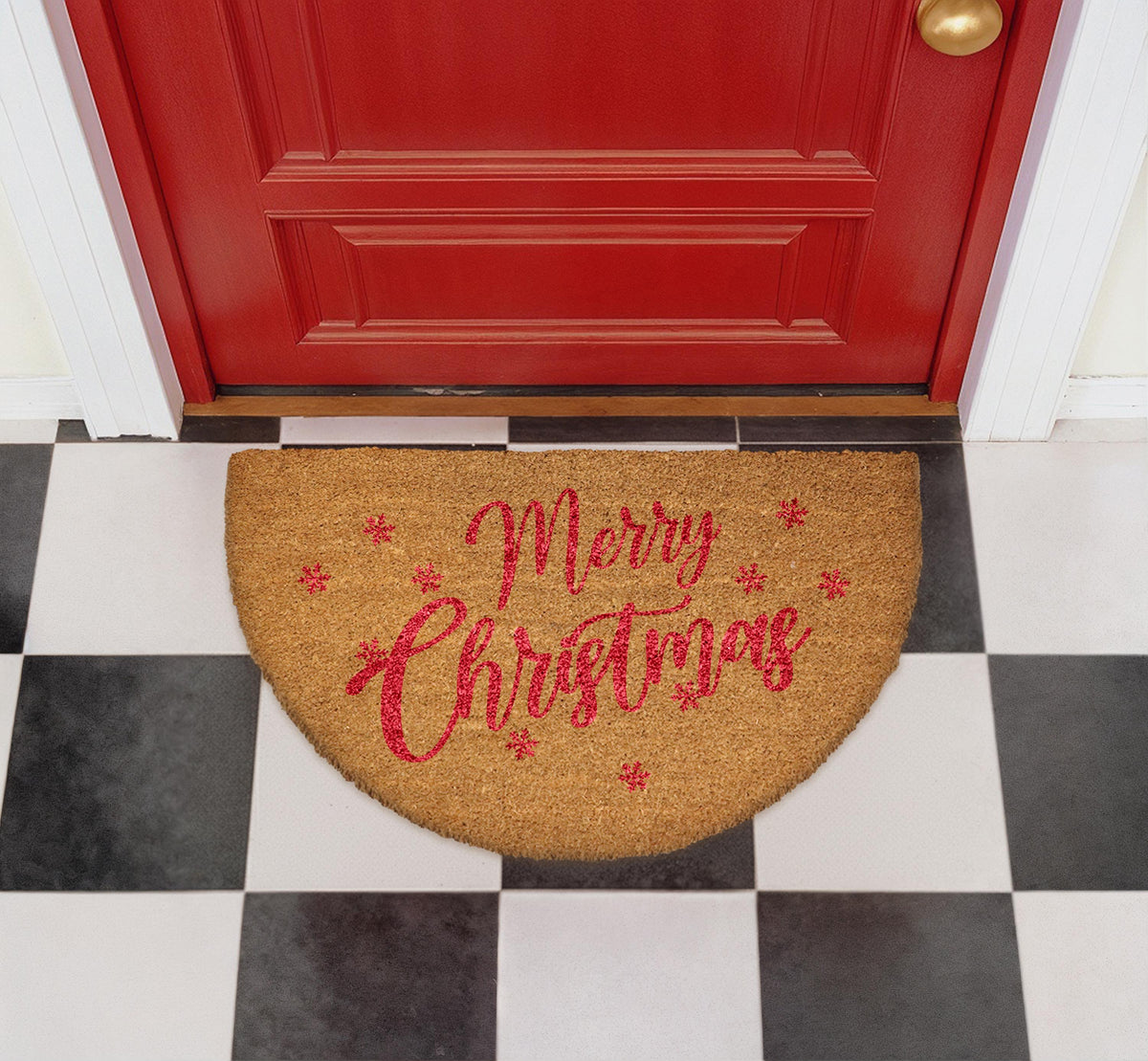 Merry Christmas Doormat, Natural Coir Festive Welcome Mat, Semi Circle Xmas Porch Decor