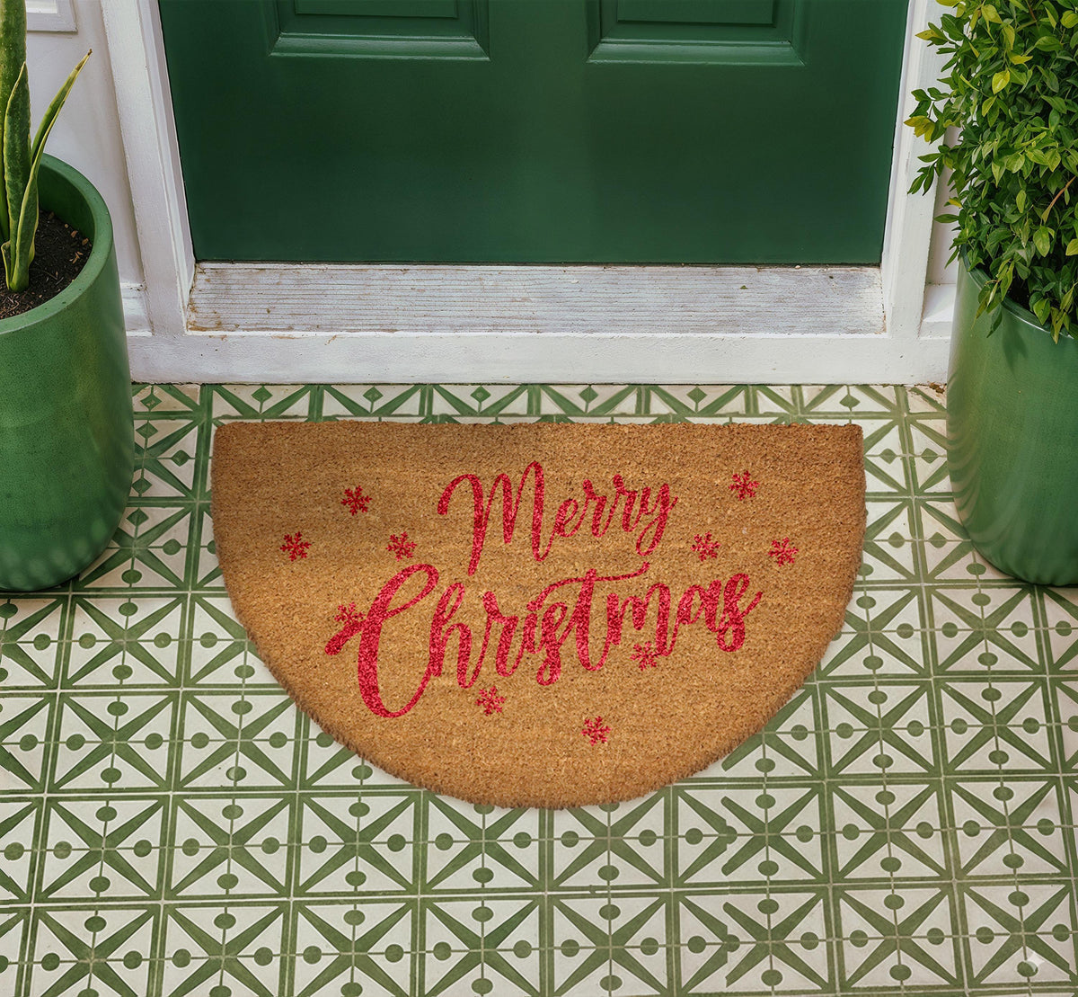 Merry Christmas Doormat, Natural Coir Festive Welcome Mat, Semi Circle Xmas Porch Decor
