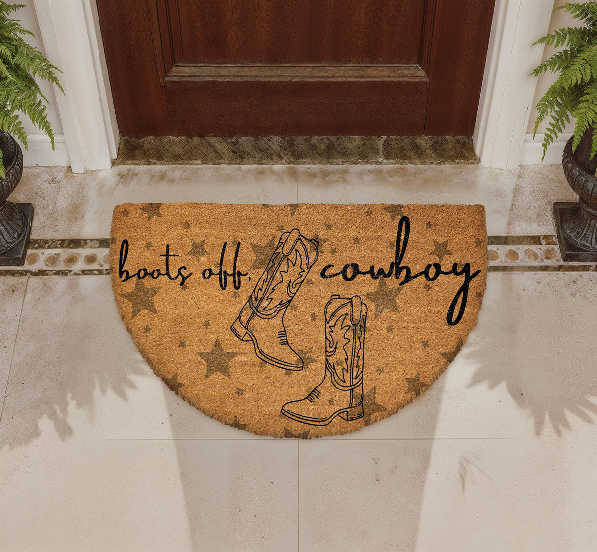 Boots Off Cowboy Doormat, Natural Coir Western Welcome Mat, Rustic Ranch Outdoor Rug
