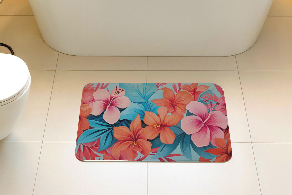 Hibiscus Flower Design Bath Mat, Floral Bathroom Rug, Summer Vibe Bathroom Decor