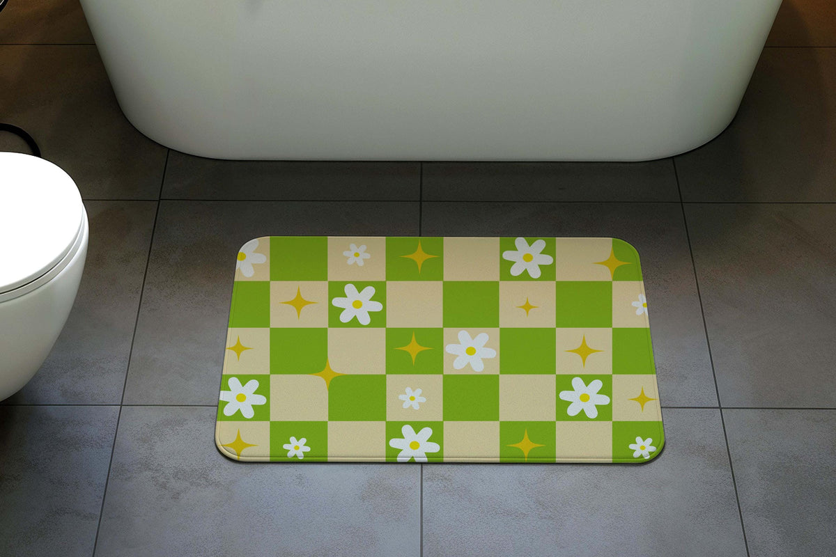 Green Checkerboard Bath Mat, Daisy Flower Bathroom Rug, Checkered Shower Mat