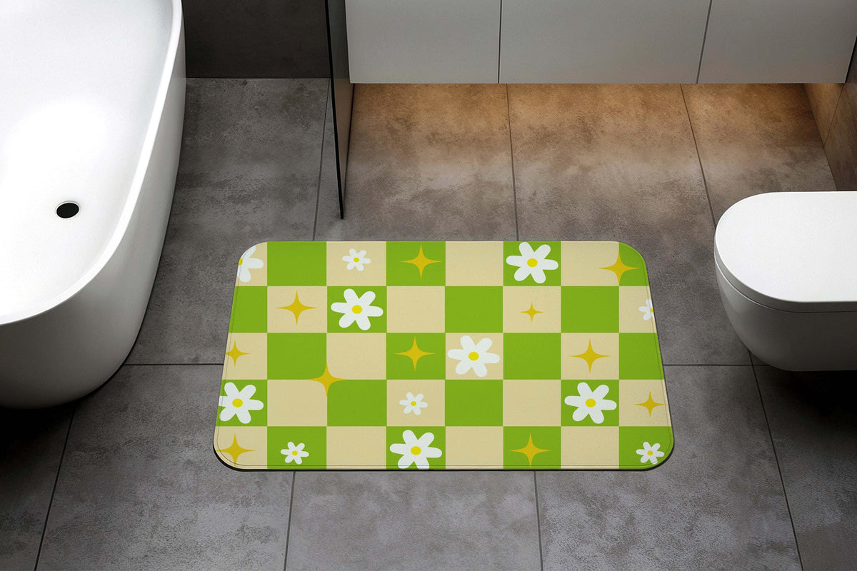 Green Checkerboard Bath Mat, Daisy Flower Bathroom Rug, Checkered Shower Mat