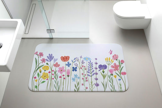 Watercolor Wildflower Bath Mat, Cottagecore Floral Bathroom Rug
