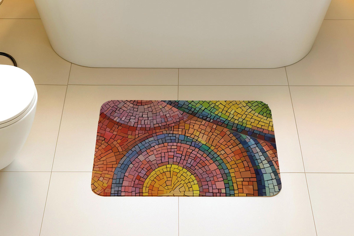 Abstract Rainbow Mosaic Design Bath Mat, Stained Glass Art Bathroom Rug